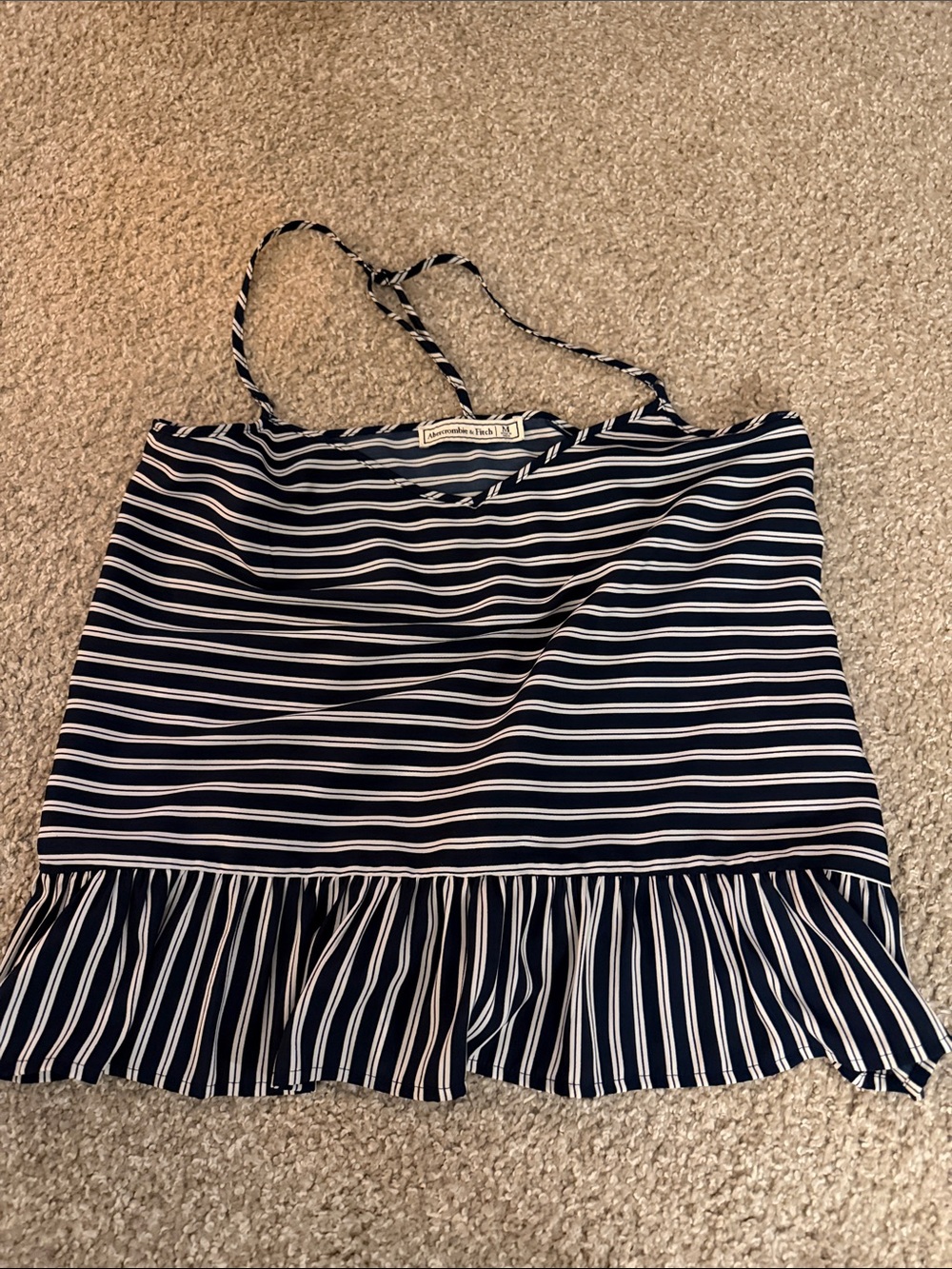 Abercrombie & Fitch Navy and White Striped Tank with Ruffle Hem
